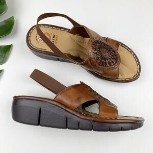 Earth Spirit Mohican Sandals Brown Leather Slingback Wedge Comfort Women's 8.5